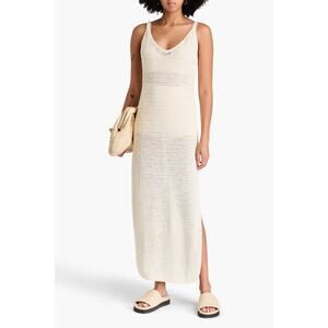 Enza Costa Linen Ribbed Knit V-Neck Side Slit Maxi Dress Ecru Women's Size XS